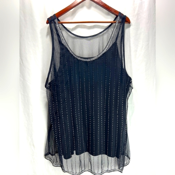 LB Black Sheer Beaded Top Overlay With Black Sleeveless Tank 26/28 - Picture 3 of 5
